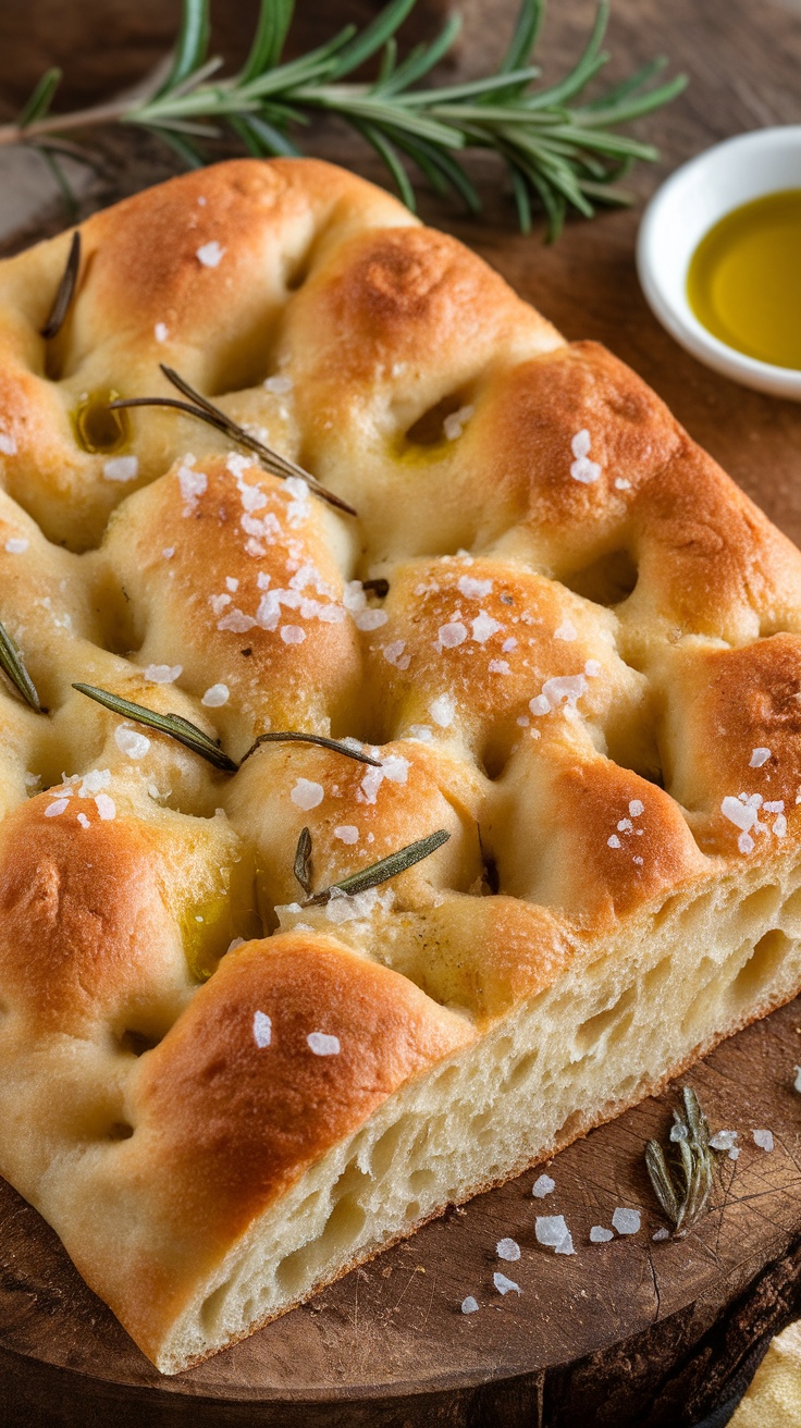 Golden brown sourdough focaccia topped with rosemary and sea salt on a wooden board with olive oil.